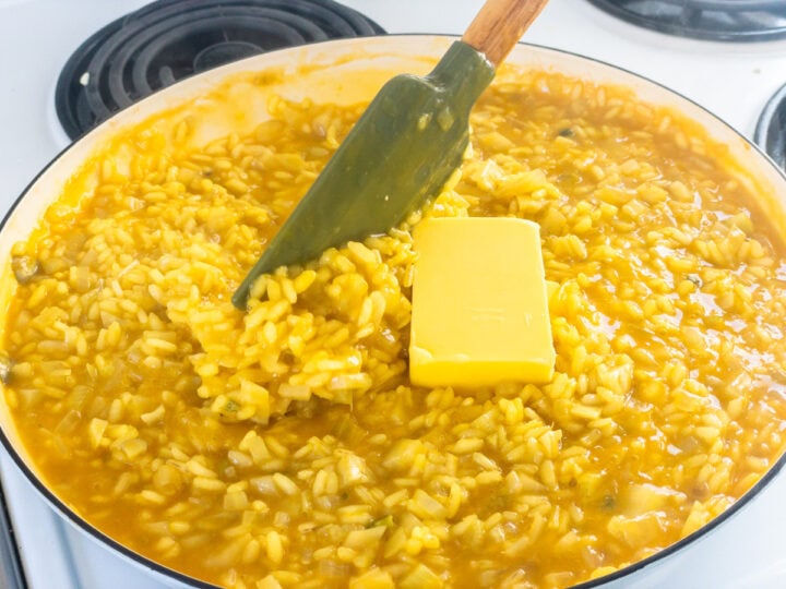 Butter is added to risotto near the end of cooking.