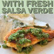 Crispy chicken cotoletta topped with salsa verde and served with cos salad with creamy dill dressing.
