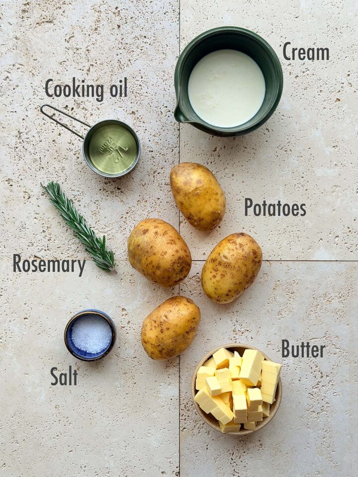Ingredients for rosemary mashed potatoes: canola oil, cream, rosemary, potatoes, salt, butter.